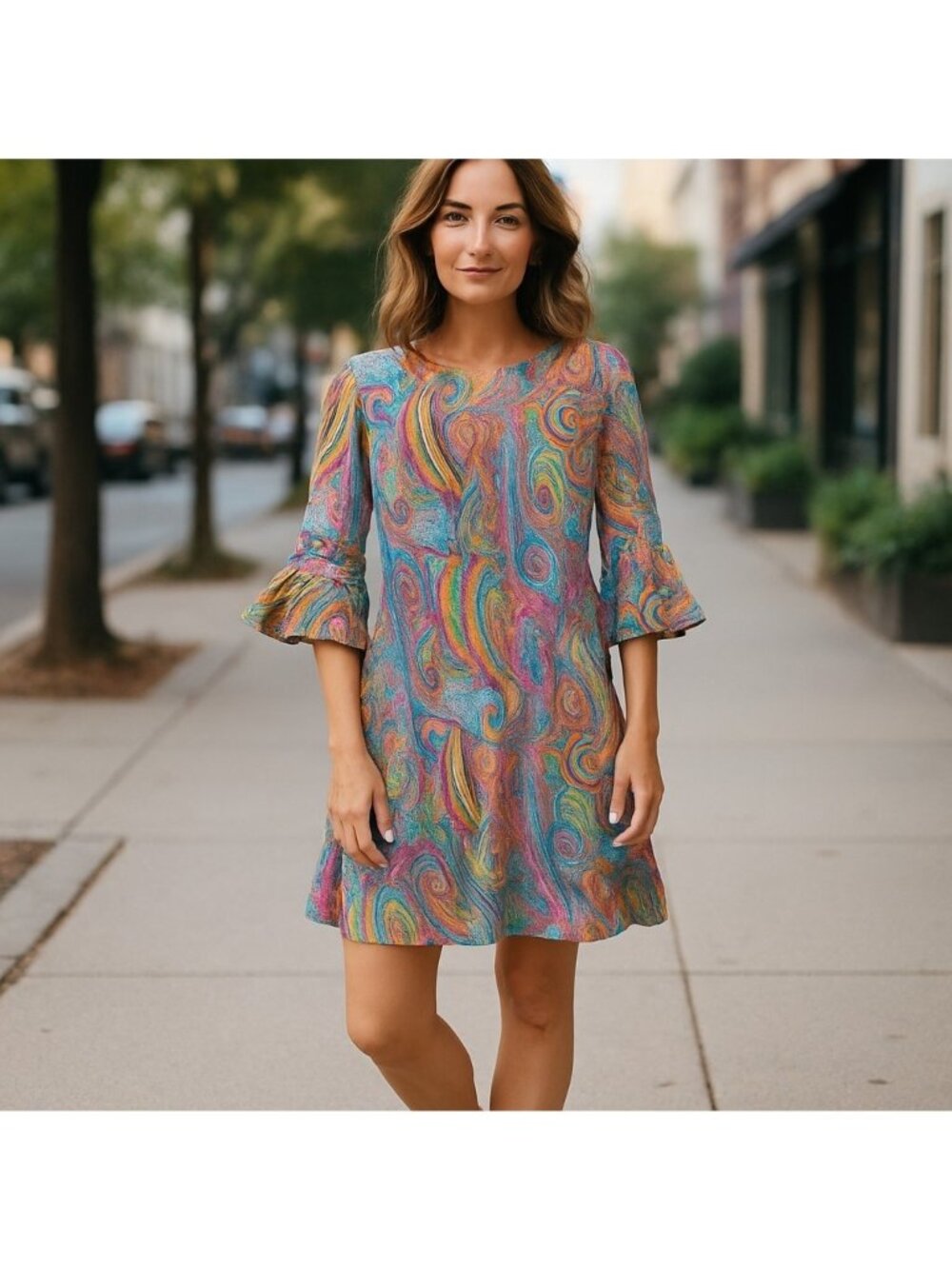 Tommy Hilfiger Paisley Sheath Dress Sz 8 Pink Blue Bell Sleeve Mod Retro
